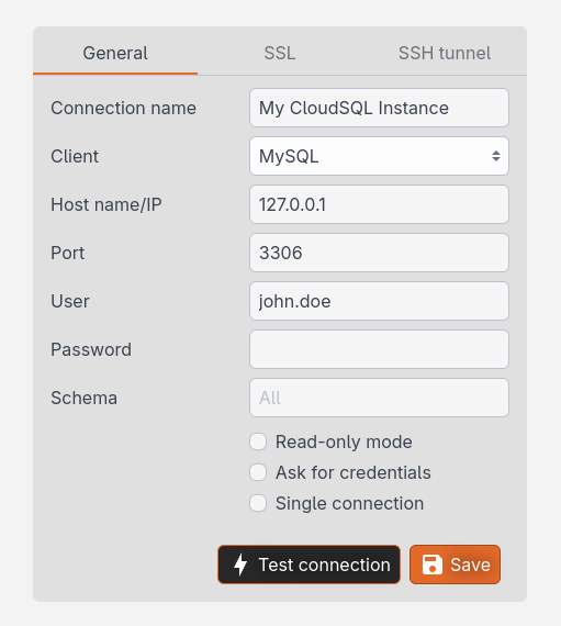 Antares DB client – test connection